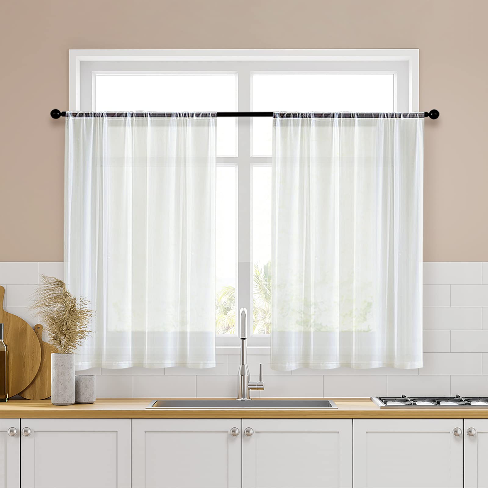 MRTREES Short Sheer Curtains 36 inch Length Kitchen Tier Curtains Light Filtering Rod Pocket Voile Cafe Curtains for Basement Ba