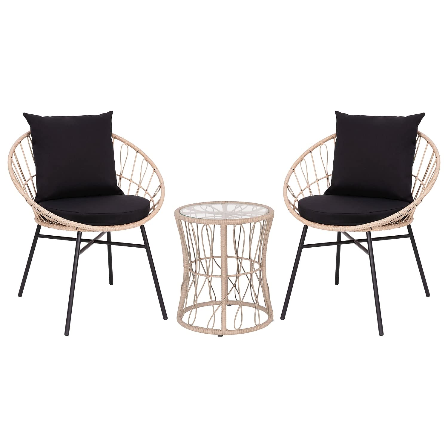 Flash Furniture Devon 3-Piece Indoor/Outdoor Bistro Set - Tan Finish Rattan Rope Papasan Style Chairs and Glass Top Side Table -