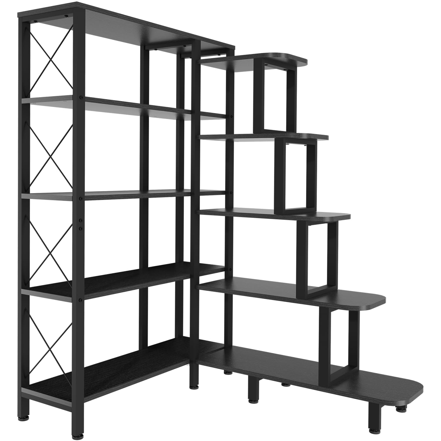 PONROL Corner Bookshelf Bookcase, Large Reversible 5 Tier Ladder Shelves Storage Display Rack with Metal Frame, Industrial Home 