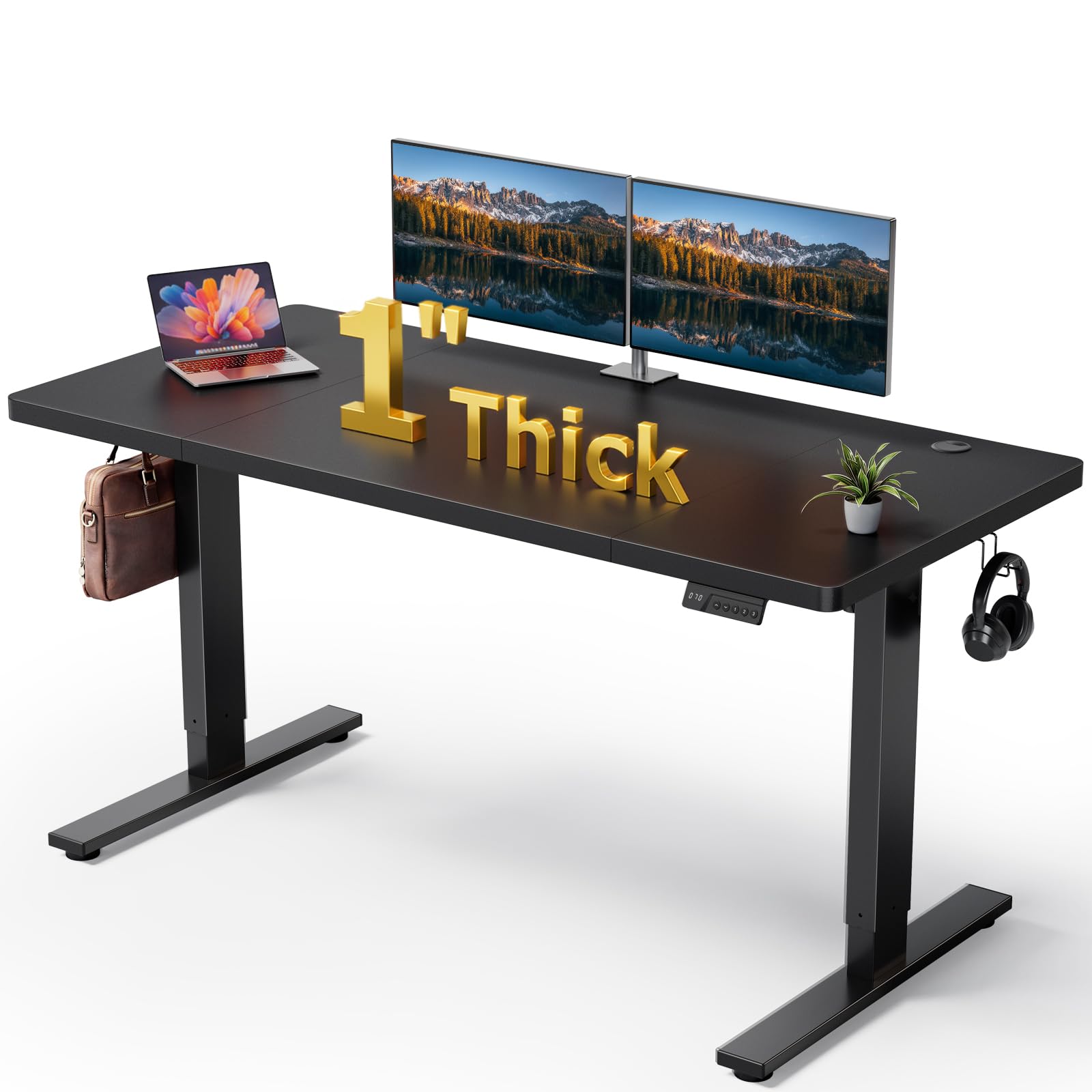 DeskShow Electric Standing Desk Adjustable - 60x28 Inch Sit Stand Desk with 1 Inch Thick Tabletop, Double Beam Frame, 3 Memory H