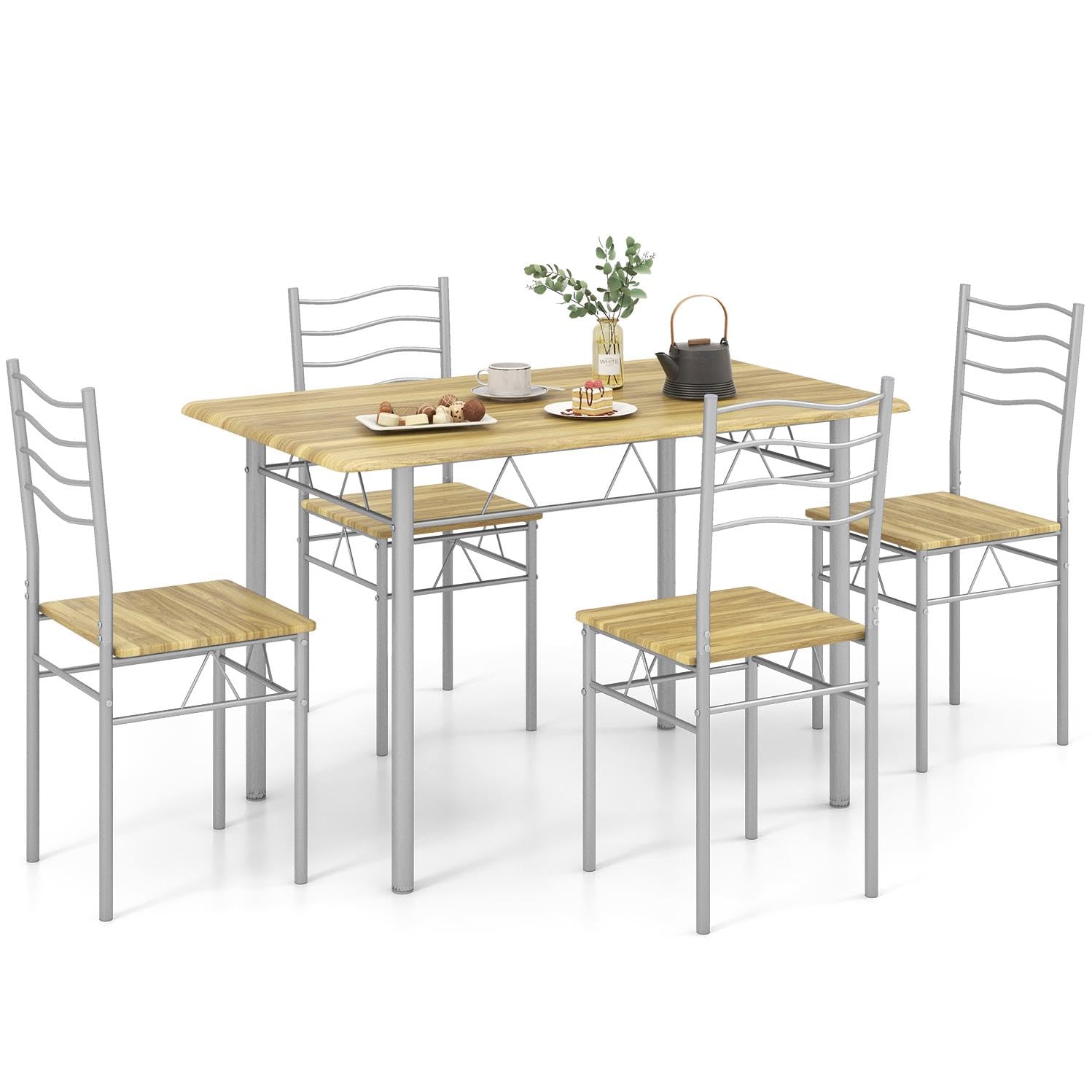 TANGZON Dining Table and 4 Chairs, 5 Pieces Wooden Kitchen Table and Chairs Set 4 with High Backrest, Metal Frame Space Saving D