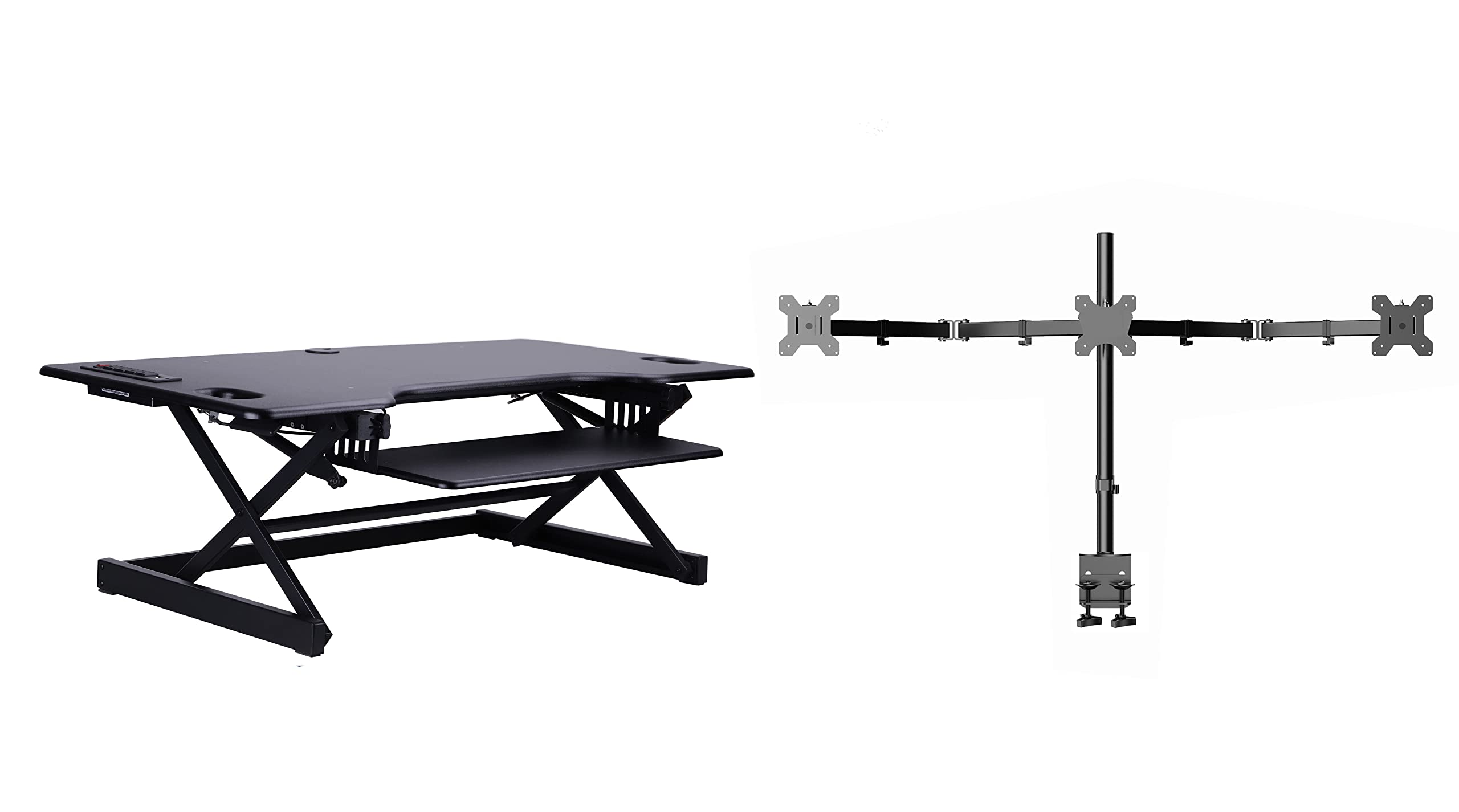 Rocelco 46 Standing Desk Converter with AC USB Charger and Triple Monitor Mount Arm - Height Adjustable Sit Stand Up Three Scree