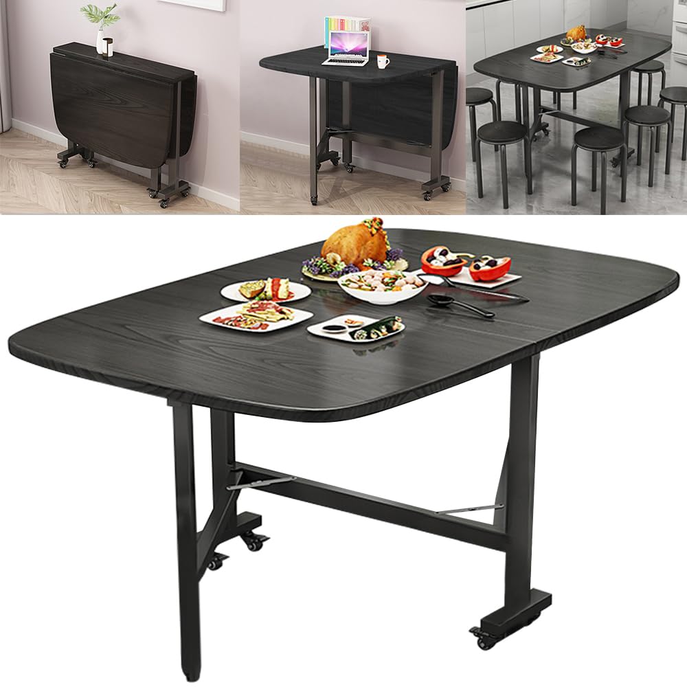 Rukulin Multifunction Table Drop Leaf Dining Table - 47 Solid Wooden Foldable Kitchen Table with 6 Wheels (Black)
