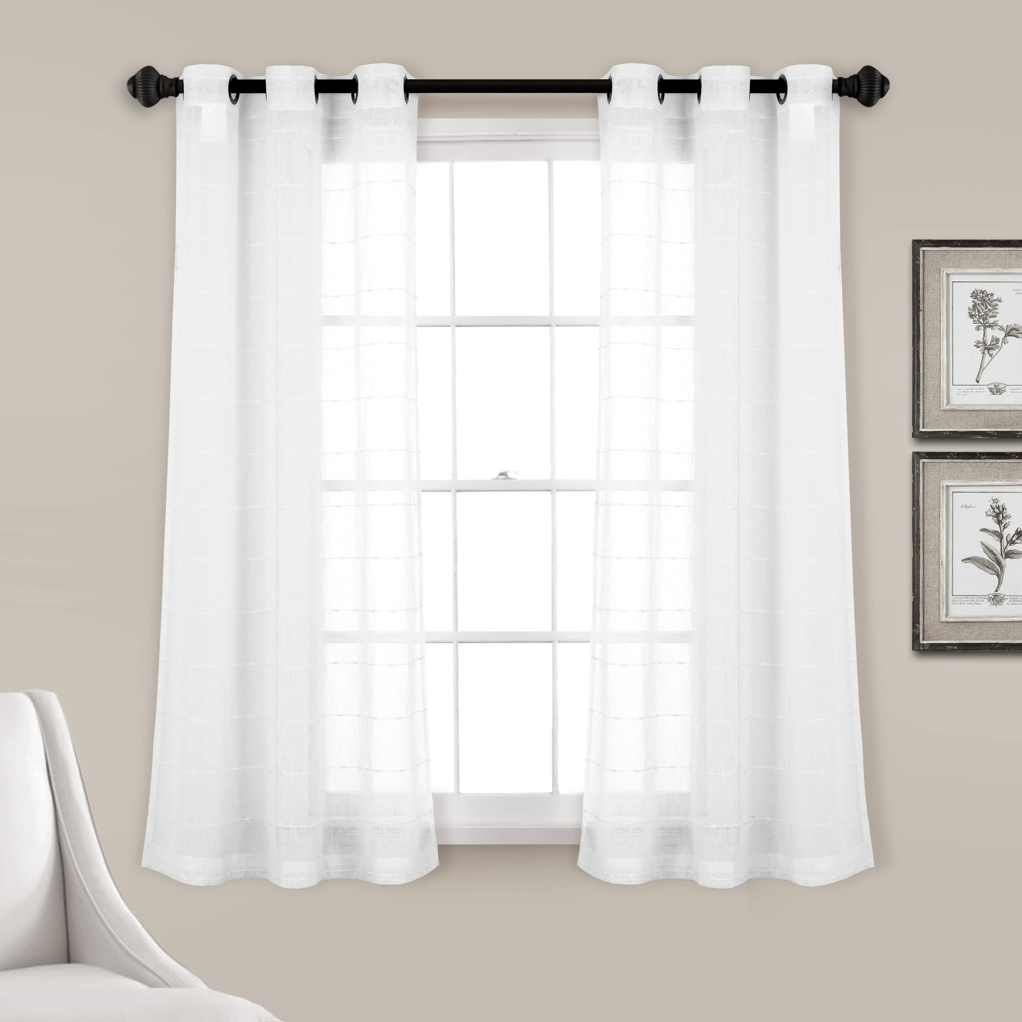 Lush Decor Farmhouse Textured Grommet Sheer Window Curtain Panel Pair, 38W x 63L, Bleach White