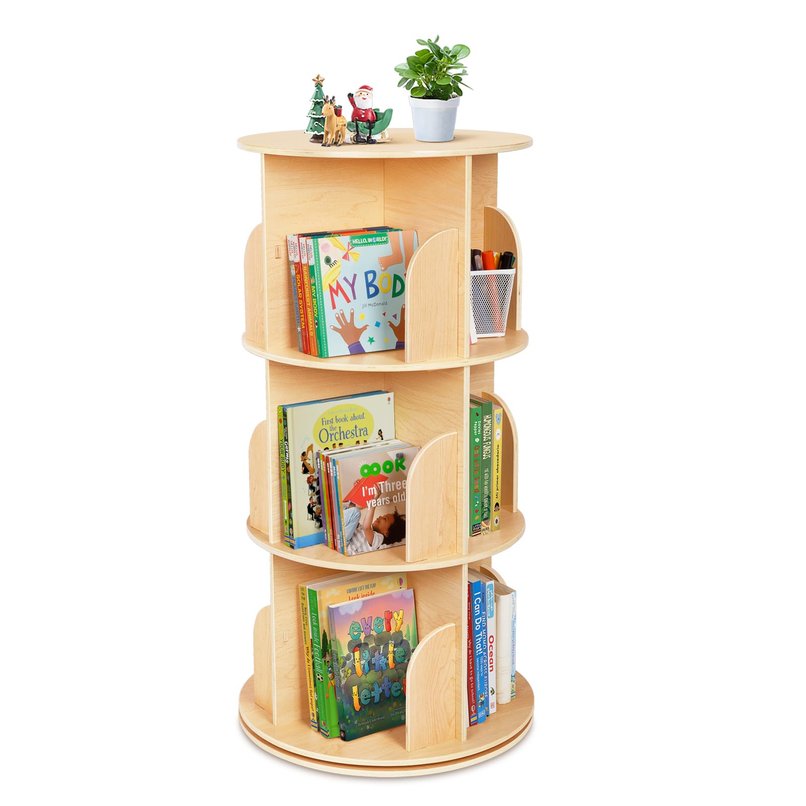 OOOK Kids Rotating Bookshelf, Small Corner Bookshelf for Small Space, 360 Display 3 Tier Floor Standing Bookshelf Storage Rack, 