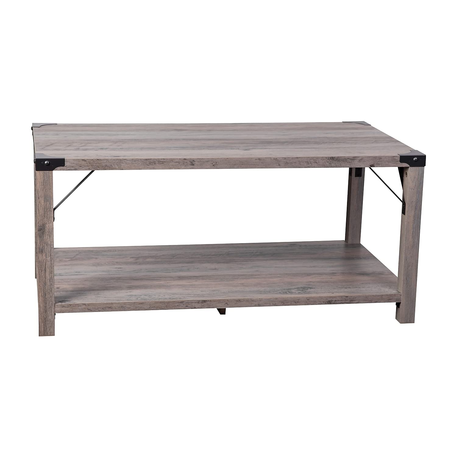 Flash Furniture Wyatt Modern Farmhouse 2 Tier Coffee Table - Gray Wash Engineered Wood Frame - Black Metal Crisscross Side Brace