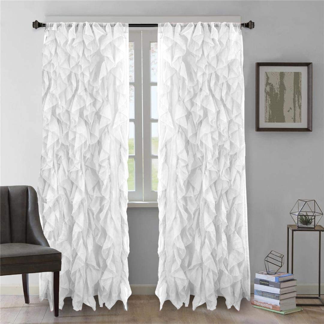 DiamondHome 2pc Cascade Shabby Chic Sheer Ruffled Curtain Panel (White, 63 L Panel Pair)