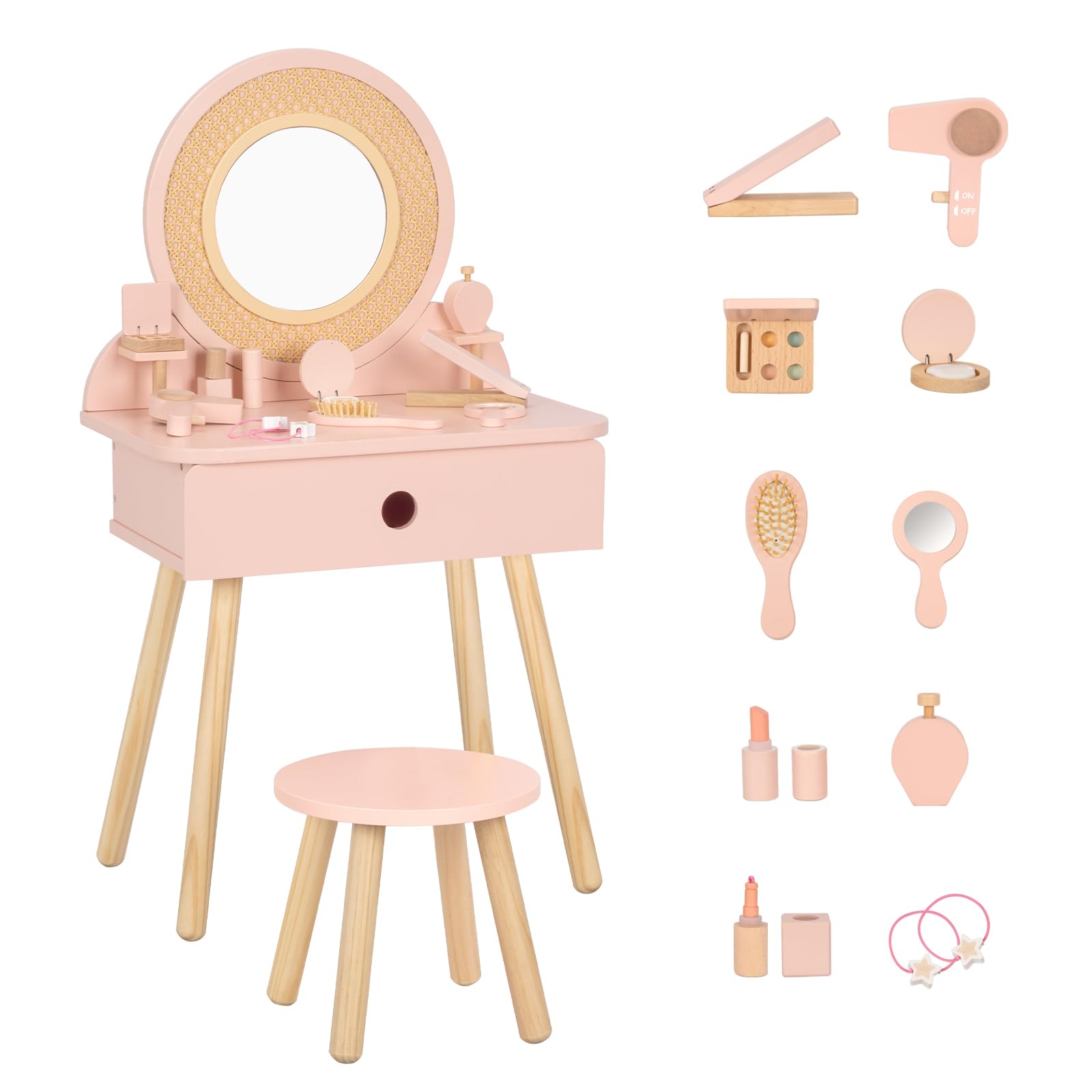 OOOK Kids Vanity Table and Chair Set, Pink Girls Vanity with 11 Pcs Accessories, Enough for Real and Pretend Makeup, Toddler Van