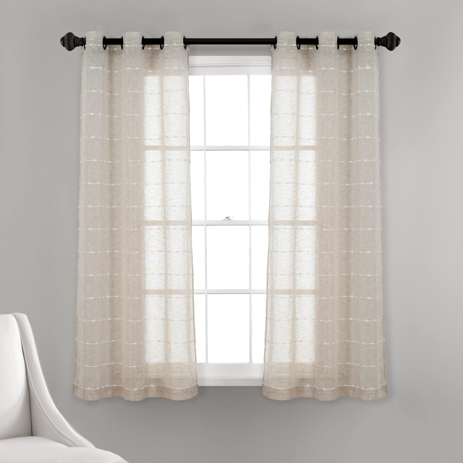 Lush Decor Farmhouse Textured Grommet Sheer Window Curtain Panel Pair, 38W x 63L, Beige