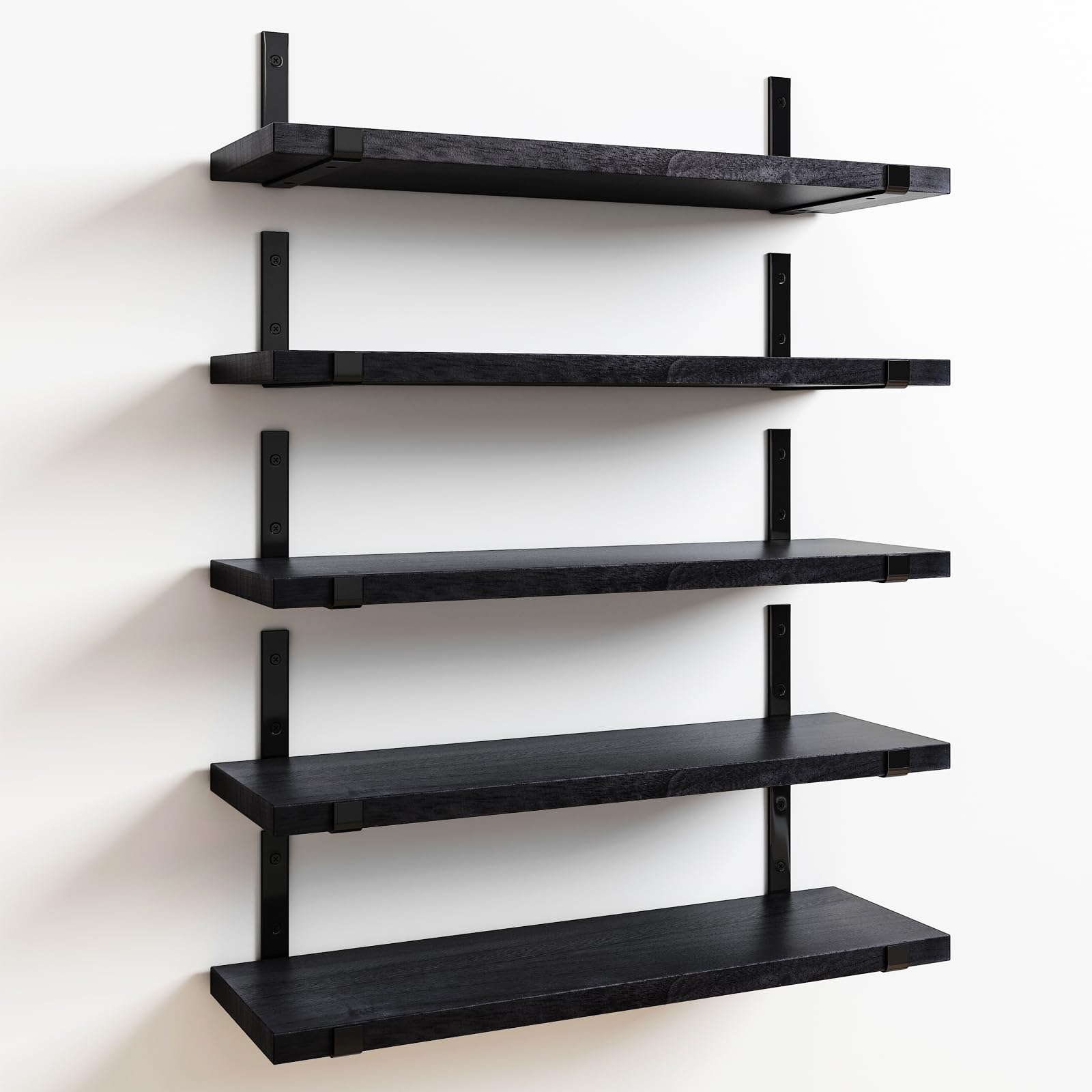 Fixwal Floating Shelves Set of 5, Width 4.7 Inches Black Wall Shelves, Rustic Wood Wall Storage Shelves for Bedroom, Living Room