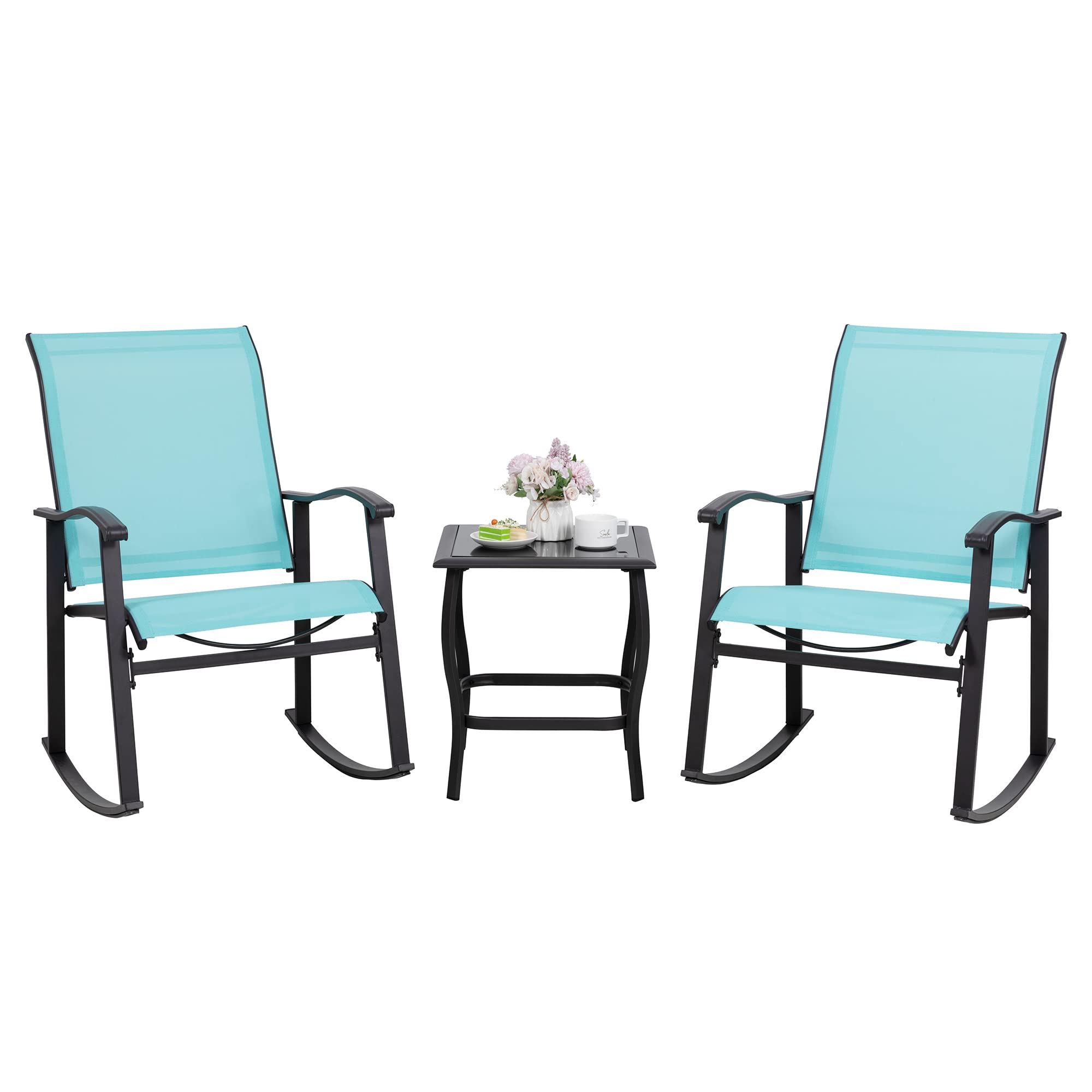 Shintenchi 3 Piece Rocking Bistro Set, Outdoor Furniture with Rocker Chairs and Glass Coffee Table Set of 3, Balcony, Porch Furn