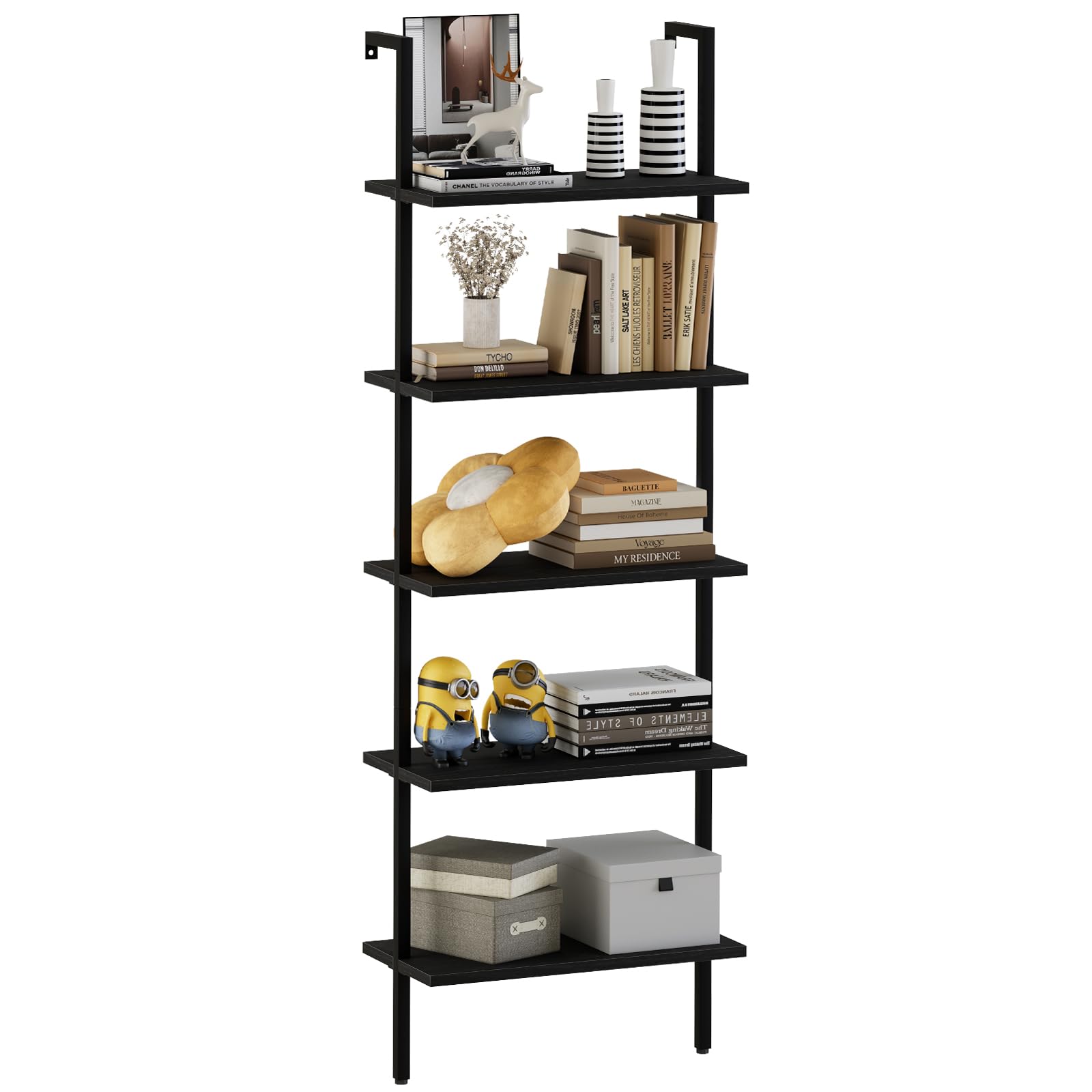 aboxoo Ladder Shelf Open 5-Tier Bookshelf Wall-Mounted Black Wood Bookcase Storage Rack Open Industrial Modern Plant Stand Utili