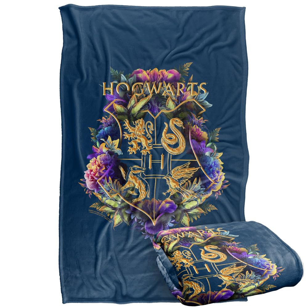 Harry Potter Blanket, 36 x58 , Hogwarts Multi-Colored Floral Crest, Silky Touch Super Soft Throw Blanket