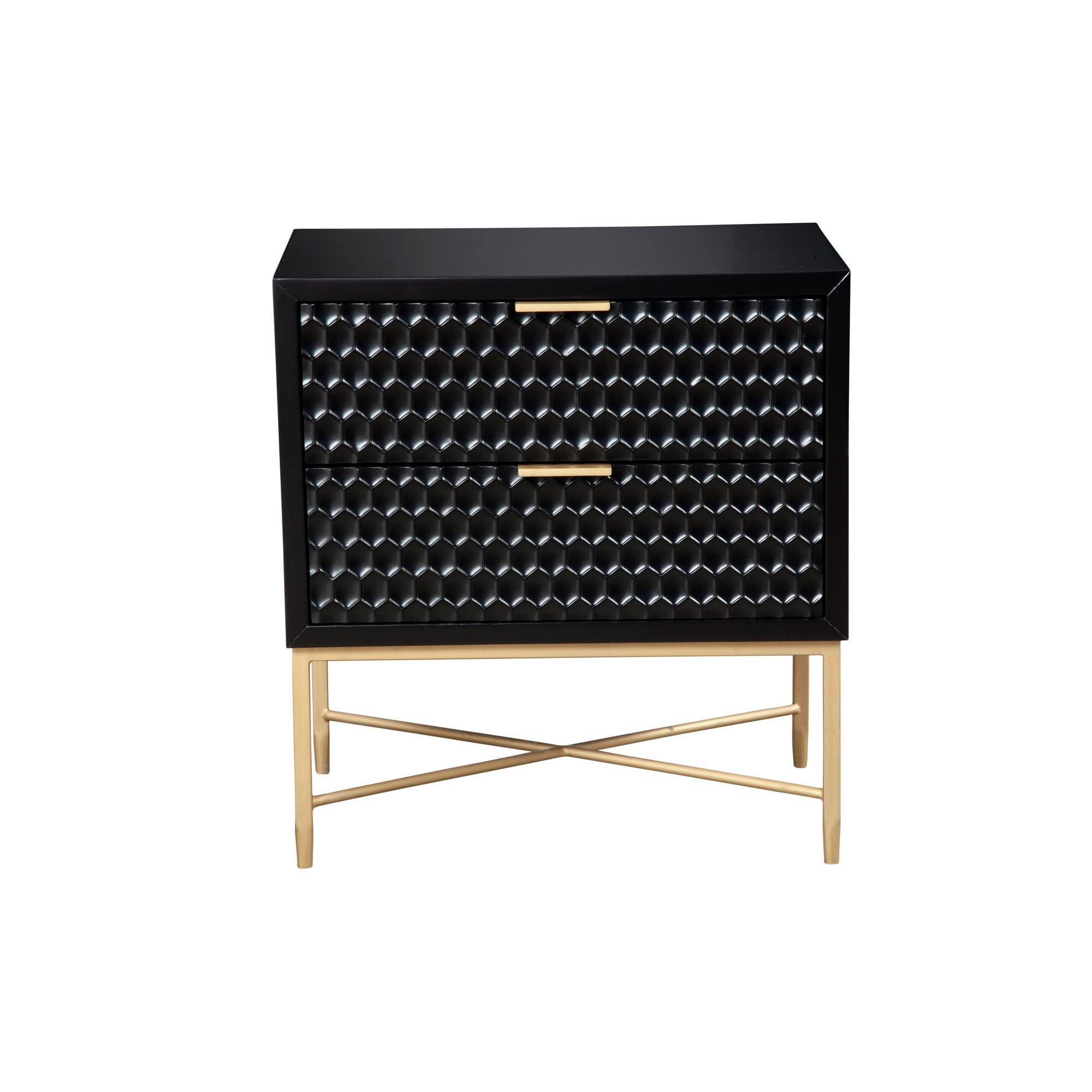 Benjara Rexi 26 Inch 2 Drawer Nightstand, Honeycomb, Mahogany Wood, Black and Gold