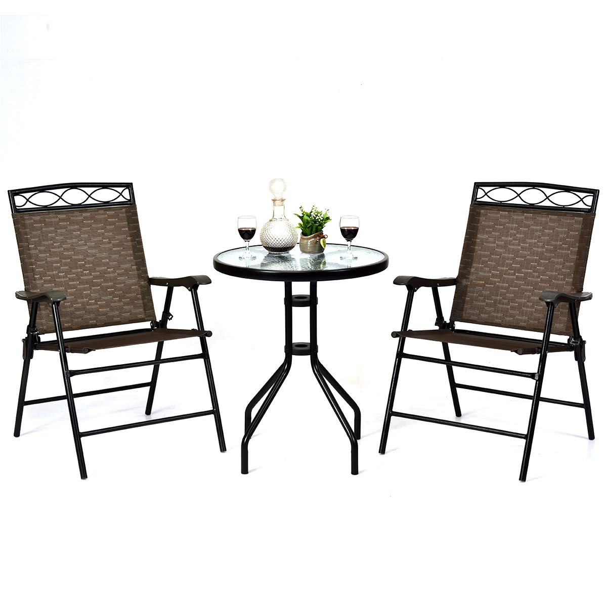 Giantex Patio Dining Set Round Glass Table with 2 Patio Folding Chairs, Outdoor Table and Chairs for Garden, Pool, Backyard, Tem