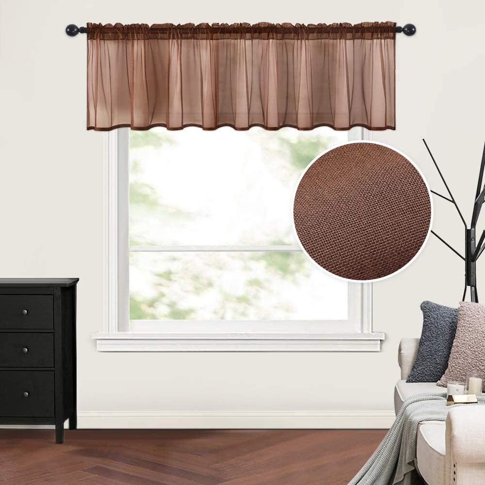 MIULEE Solid Chocolate Brown Kitchen Sheer Valance Linen Look Window Curtain, Living Room Windows Voile Valance Rod Pocket 1 Pan