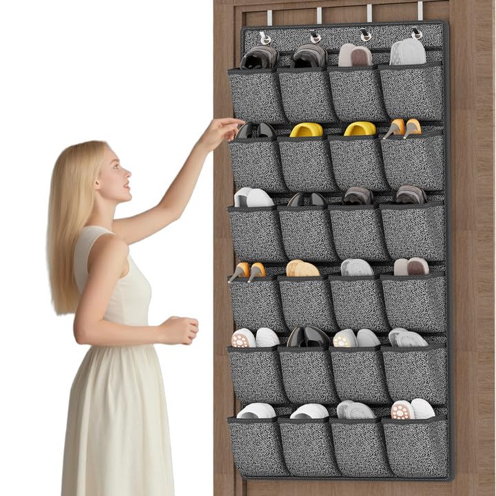 Over the Door Shoe Organizer, Hanging Shoe Rack Storage Holder with 24 Large Pockets for Closet Door, Men Women Kids Shoes, Crui