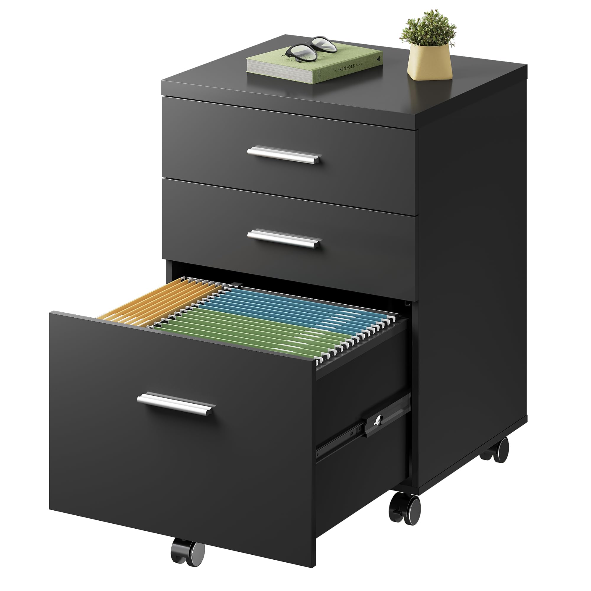 DEVAISE 3 Drawer File Cabinet for Home Office, Wood Under Desk Filing Cabinet, Rolling Printer Stand with Wheels, Black