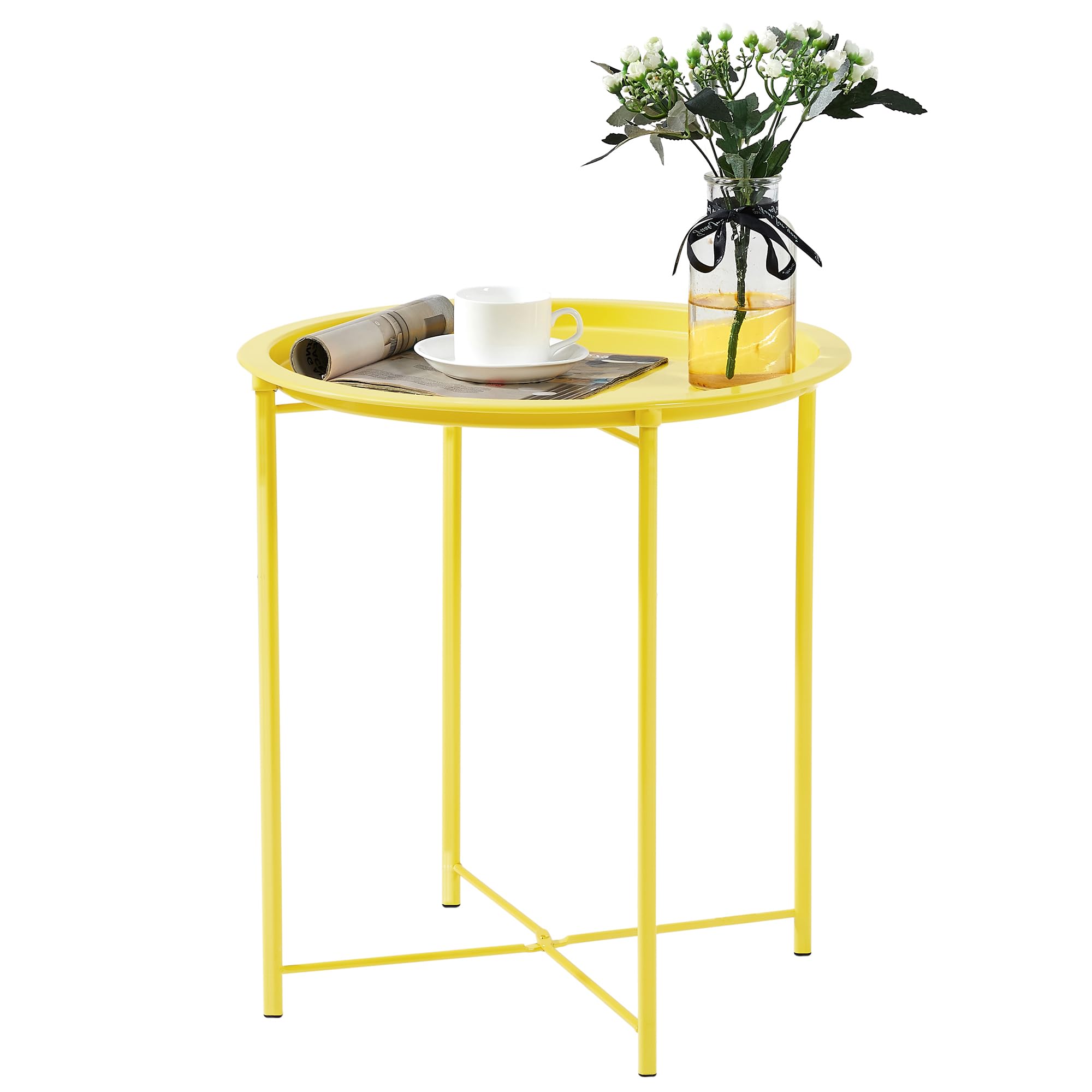 VECELO Side/End Table, Folding Round Metal Anti-Rust and Waterproof Outdoor or Indoor Tray for Living Room Bedroom Balcony and O