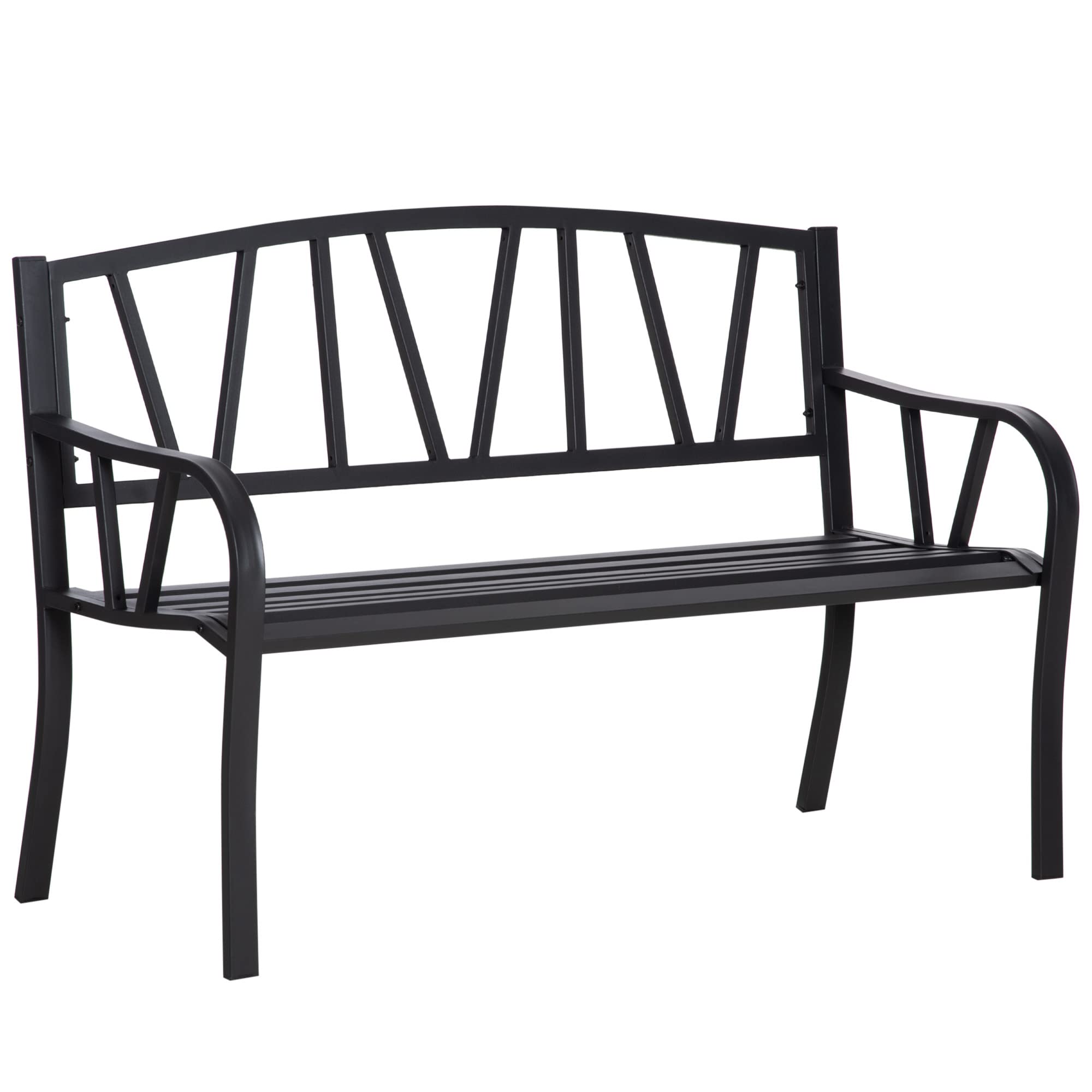 Outsunny 50 Metal Garden Bench, Black Outdoor Bench for 2 People, Park-Style Patio Seating, Decor with Smooth Armrests, Slatted 
