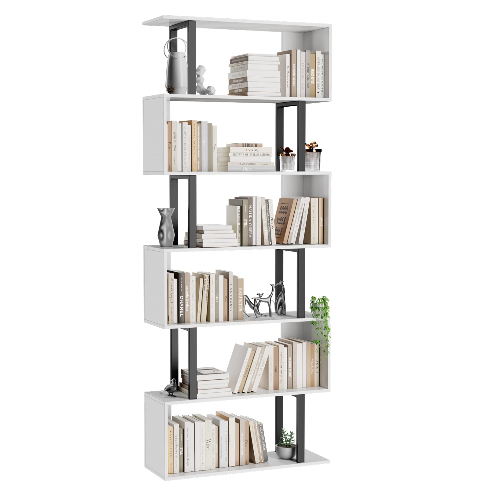 Gadroad 6 Tier Geometric Bookcase,S Shaped Bookshelf, Wood Decorative Storage Shelving, Modern Freestanding Display Shelves, Tal