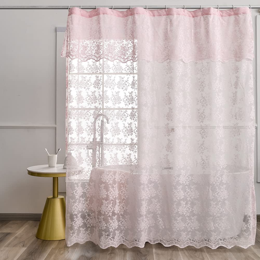 Pink Lace Vintage Shower Curtain with Attached Valance, Floral Lace Curtain for Bathroom, Farmhouse Style Shabby Chic Shower Cur