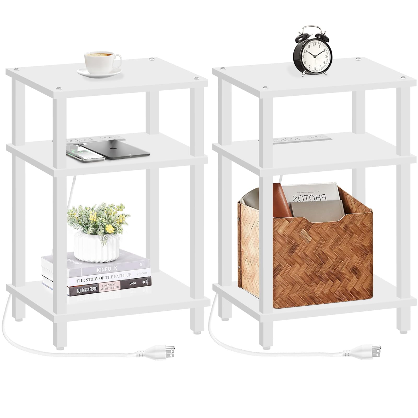 TUTOTAK Set of 2 End Table with Charging Station, Side Table with USB Ports and Outlets, Nightstand, 3-Tier Storage Shelf, Sofa 