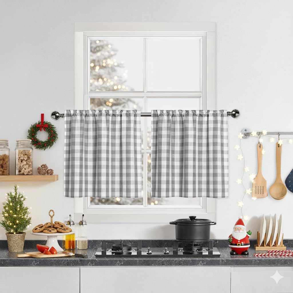 Bapawfish Grey Buffalo Plaid Cafe Curtain Farmhouse Tiers Kitchen Curtains 24 Inches Long, Gingham Check Rod Pocket Half Window 