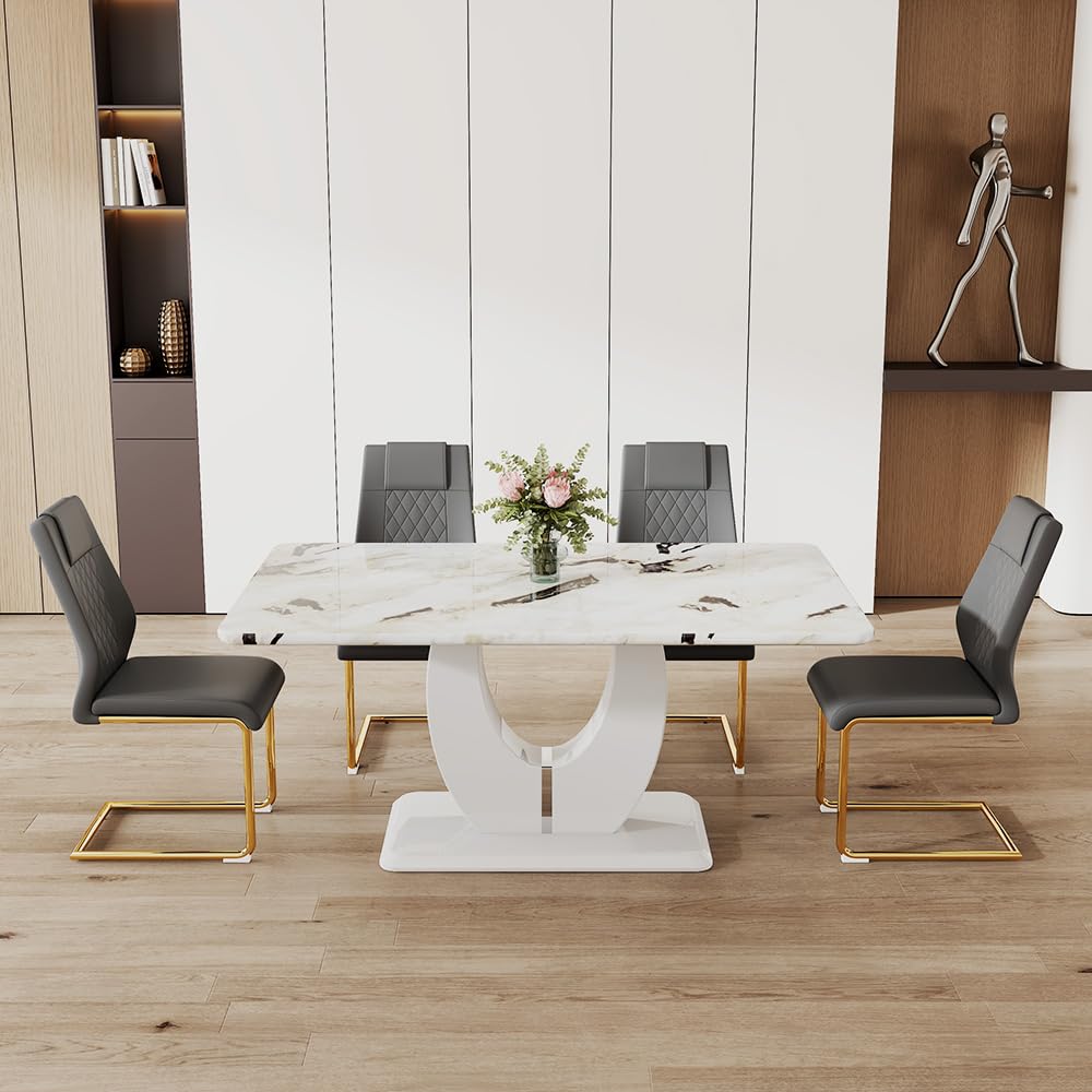 JUFU Modern Dining Set Table and 4 Chairs,White Faux Marble Dining Table Set for 4,Dining Room Table Set and 4 PU Leather Uphols