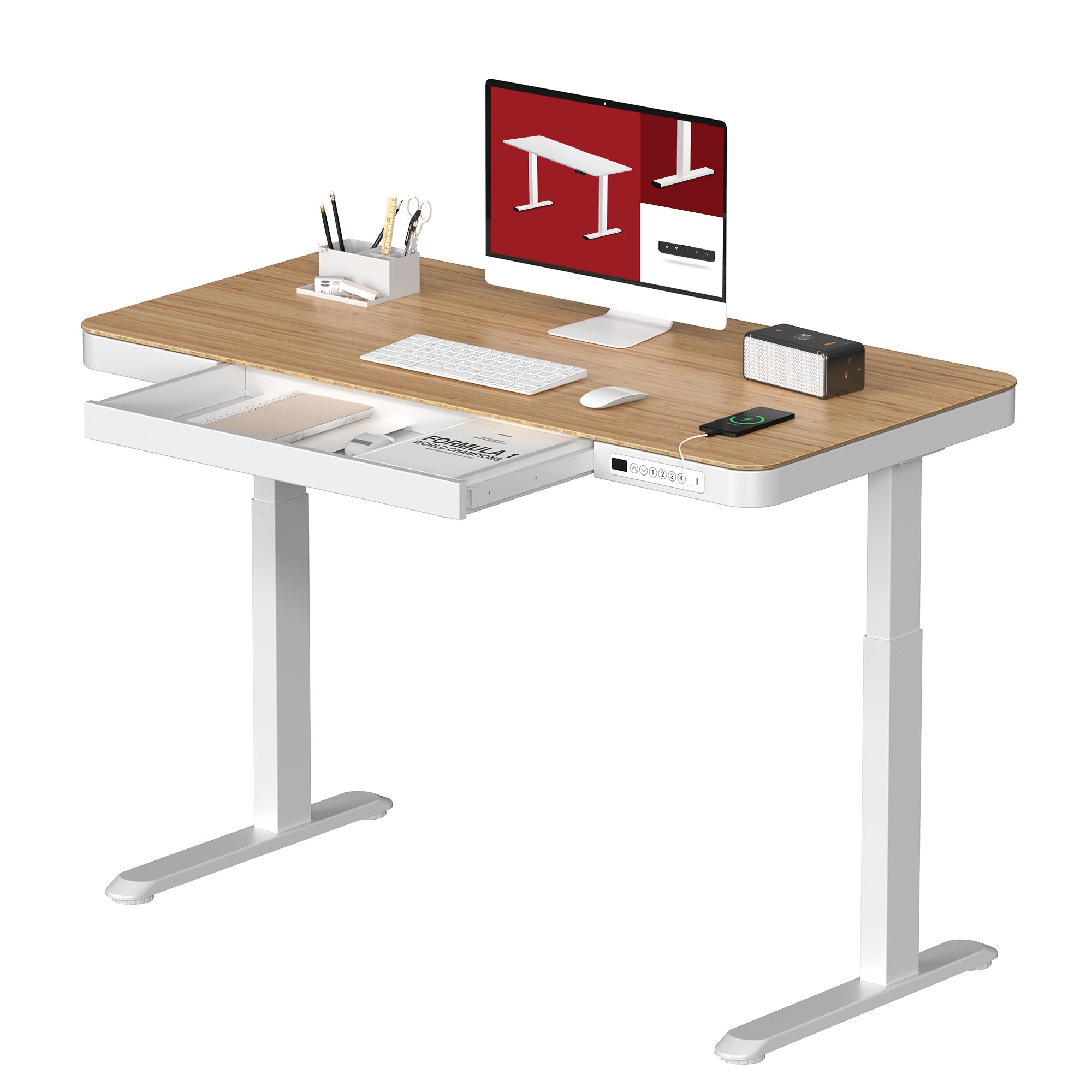Standing Desk with Drawer, Electric Height Adjustable Home Office Desk with Storage & USB Ports, 48 inch Bamboo Texture Tabletop