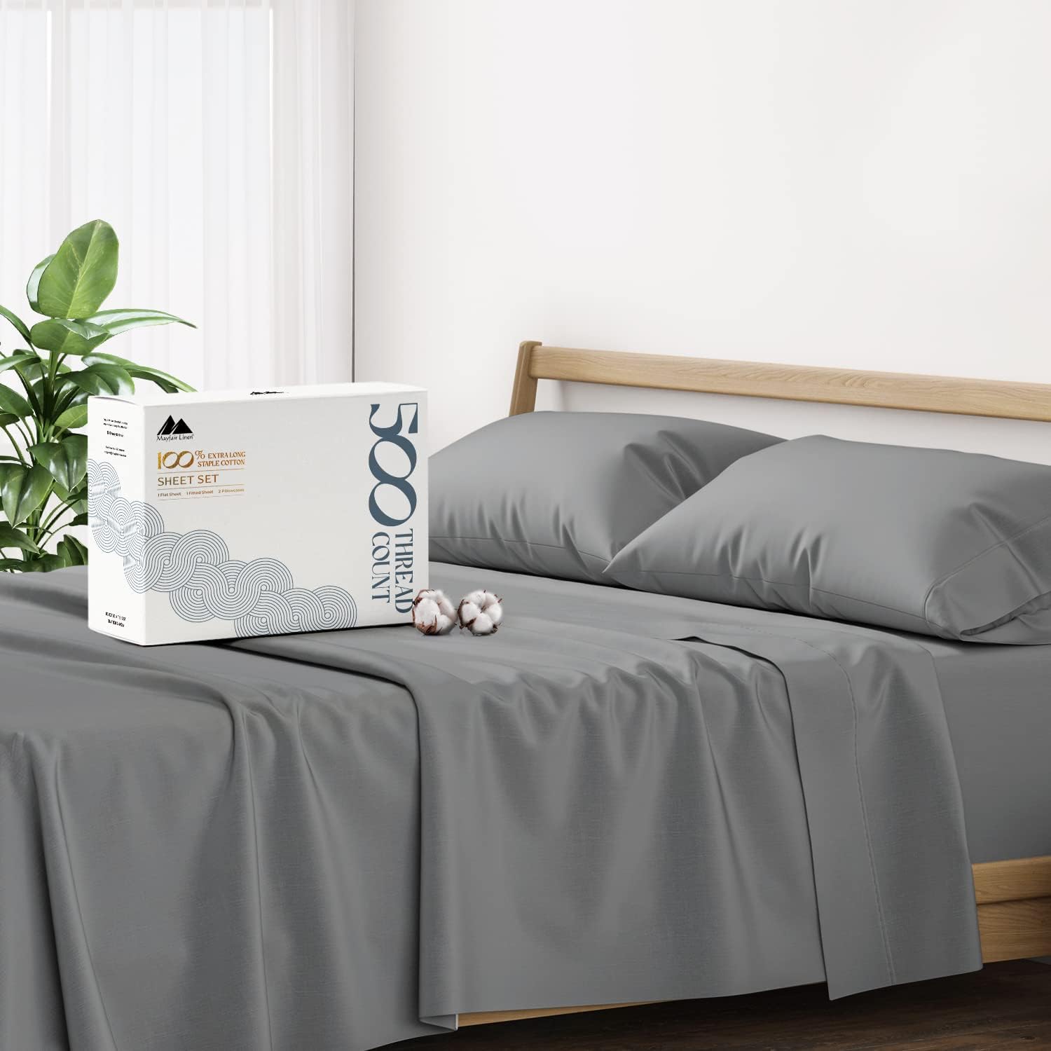 Mayfair Linen 100% Cotton Bed Sheets Queen Sheet Set - 500 Thread Count Sheets Queen Size 4 PC Set (Dark Grey), Soft, Cooling, H