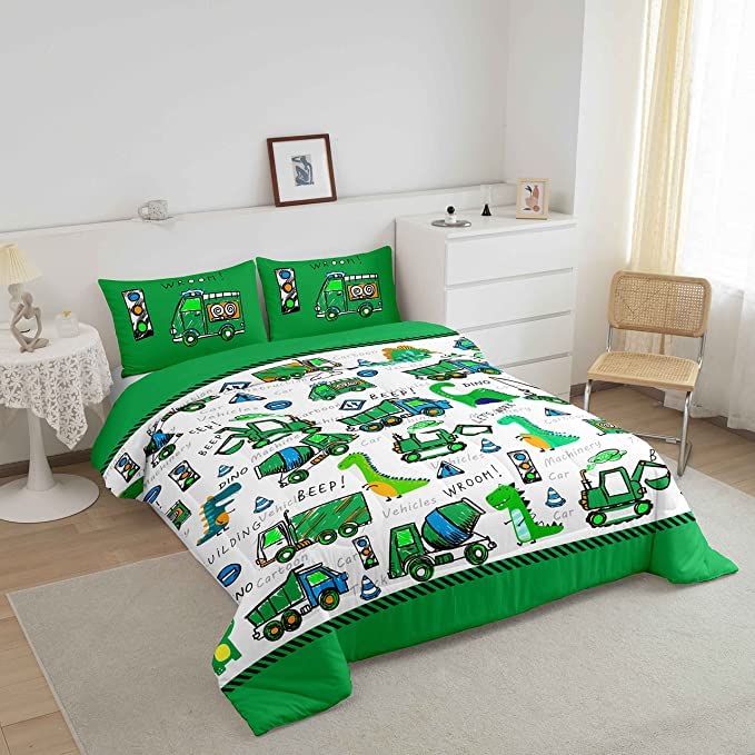 Feelyou Kids Construction Comforter Set King Boys Cute Cartoon Dinosaur Comforter for Toddler Super Soft Equipment Trucks Car Be