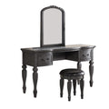 Benjara 3 Piece Vanity Set with Carved Mirror and Turned Legs, Gray