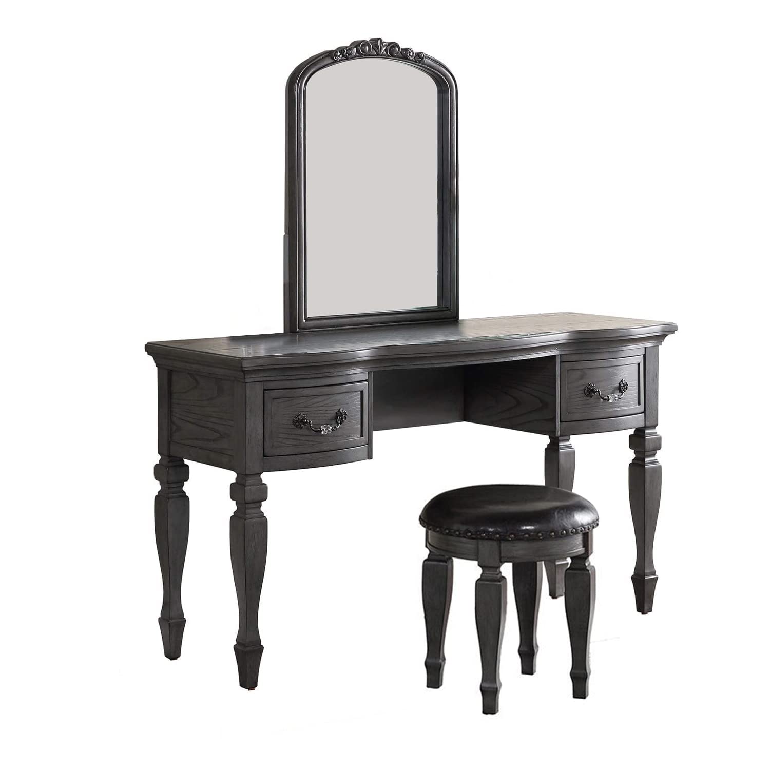 Benjara 3 Piece Vanity Set with Carved Mirror and Turned Legs, Gray