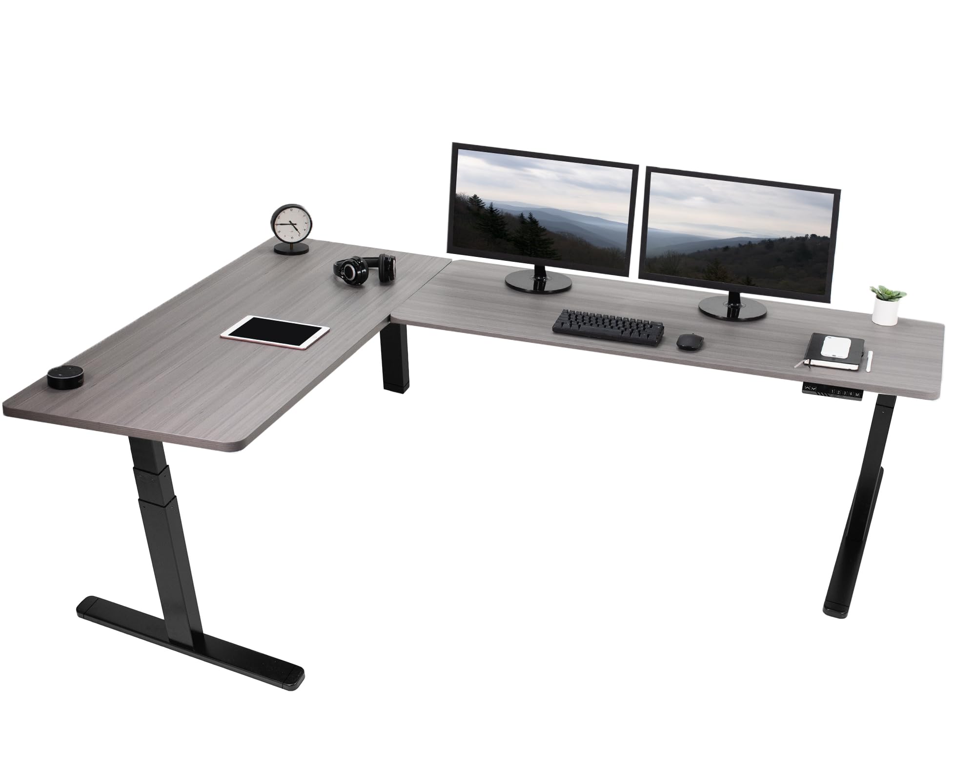 VIVO Electric Height Adjustable 83 x 60 inch Corner Stand Up Desk, 2 Dark Gray Solid Table Tops, Black Frame, Memory Controller,