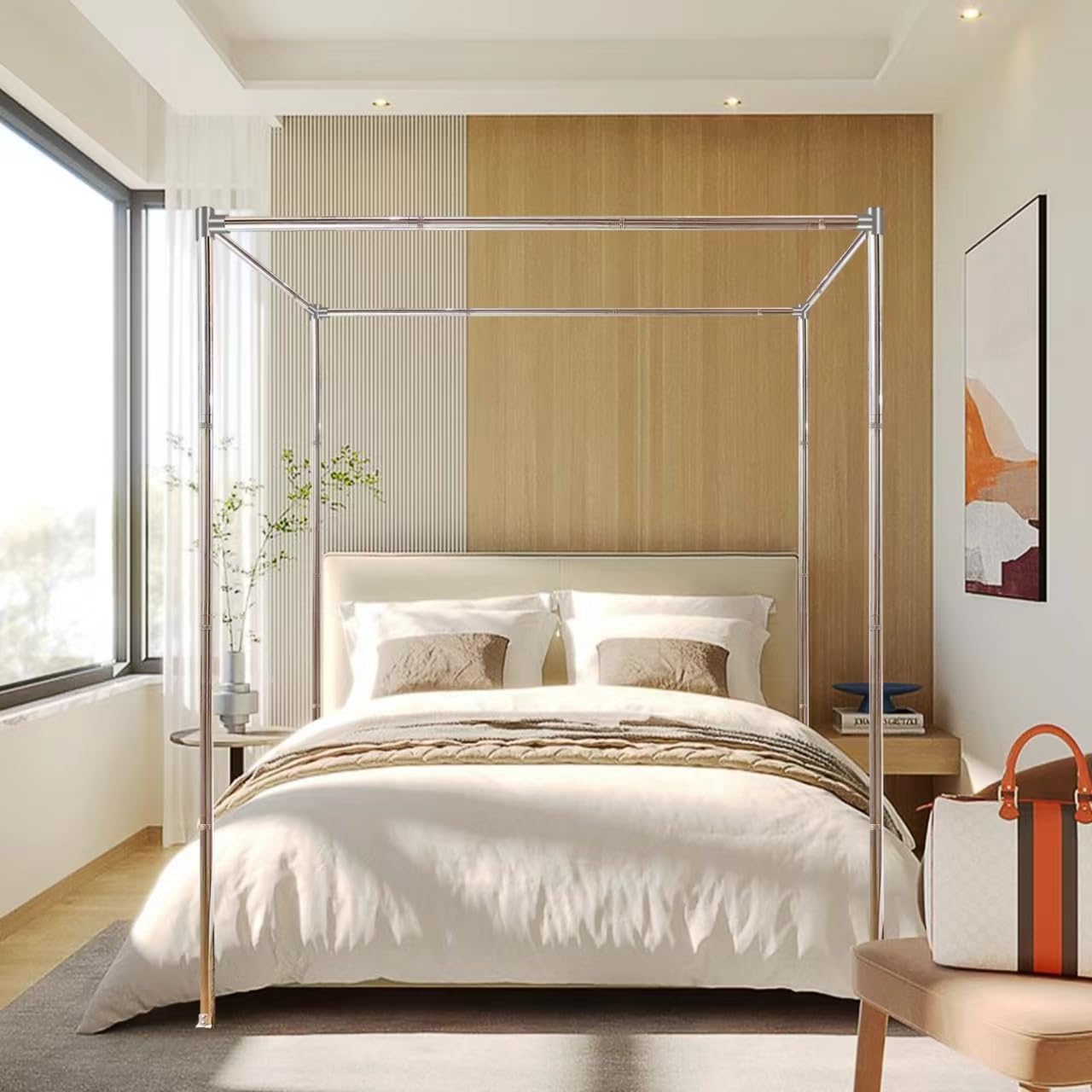 Stainless Steel Canopy Bed Frame Queen Size, Bed Post Poles Bed Canopy Frame, Thicken Bed Frame Bracket for Metal Bed Wood Bed M