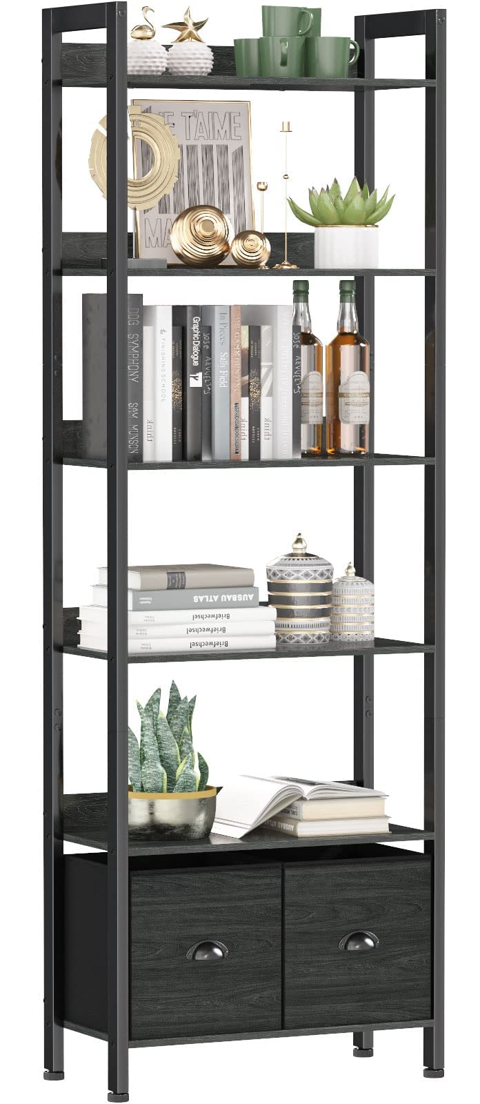 Furologee 6-Tier Bookshelf, Tall Bookcase with 2 Drawers Storage Organizer, Industrial Display Free Standing Shelf Units, Wood a