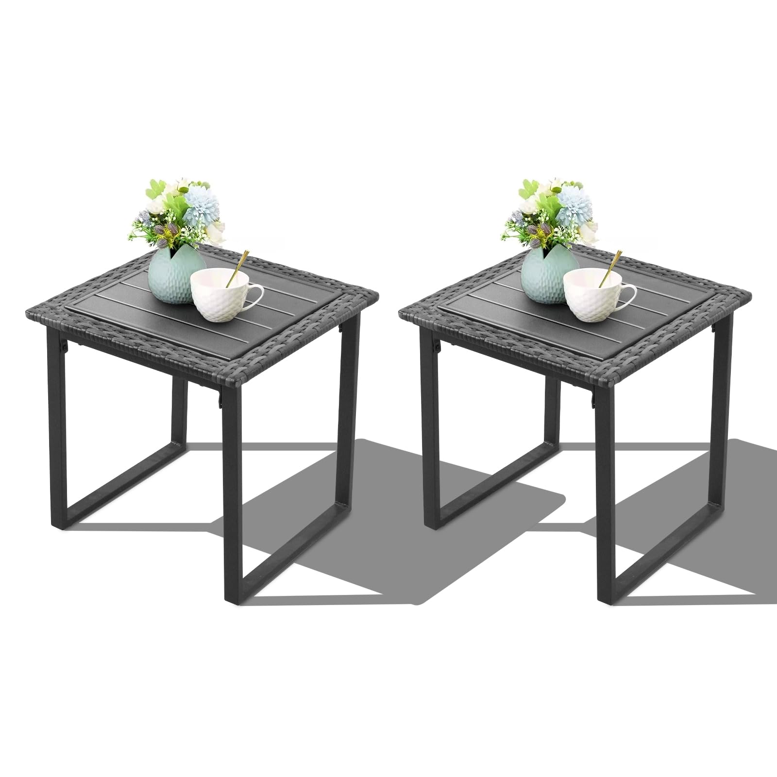 FYRICKYLINOO Outdoor Wicker Rattan Side End Tables for Patio Set of 2, 2 PCS Square Outdoor Patio Furniture End Table, Rattan Co