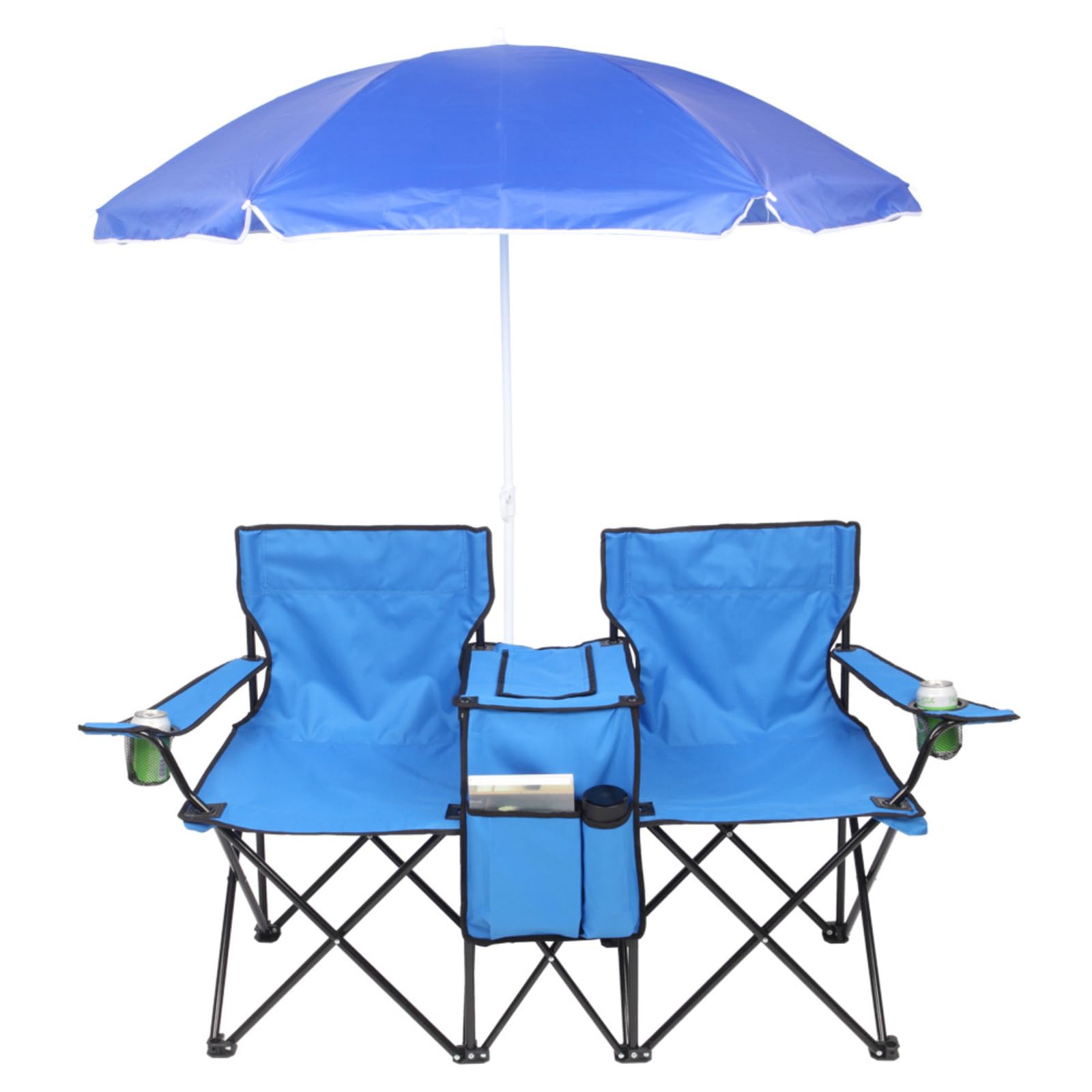 Outvita Folding Double Camping Chair w/Umbrella Beverage Holder Carrying Bag Cooler Fold Up Table, Large Bearing Capacity for Be
