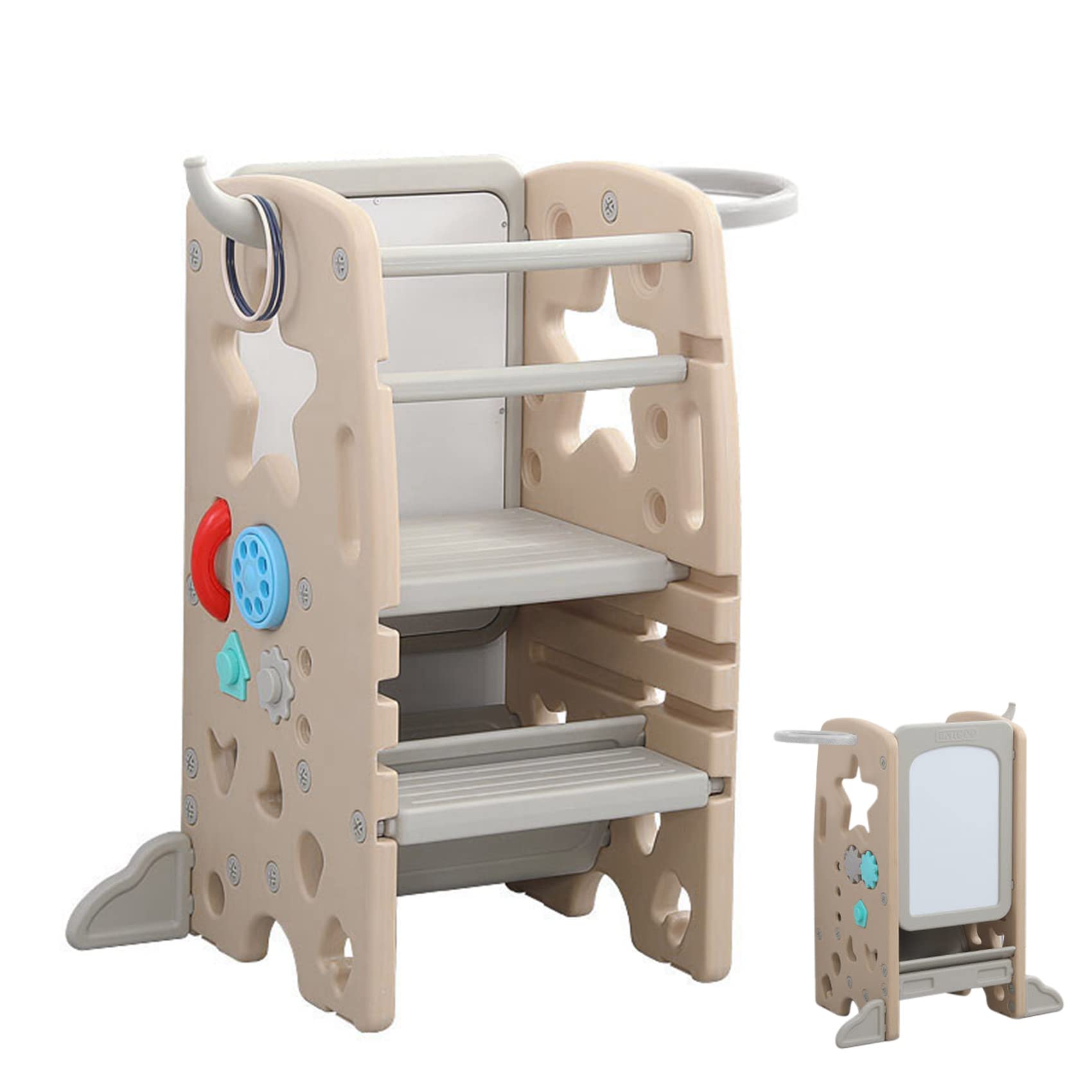 UNICOO Multifunctional Kids Step Stool w/Double Safety Rails, Height Adjustable, Toddler Tower for Kitchen Countertop and Bathro