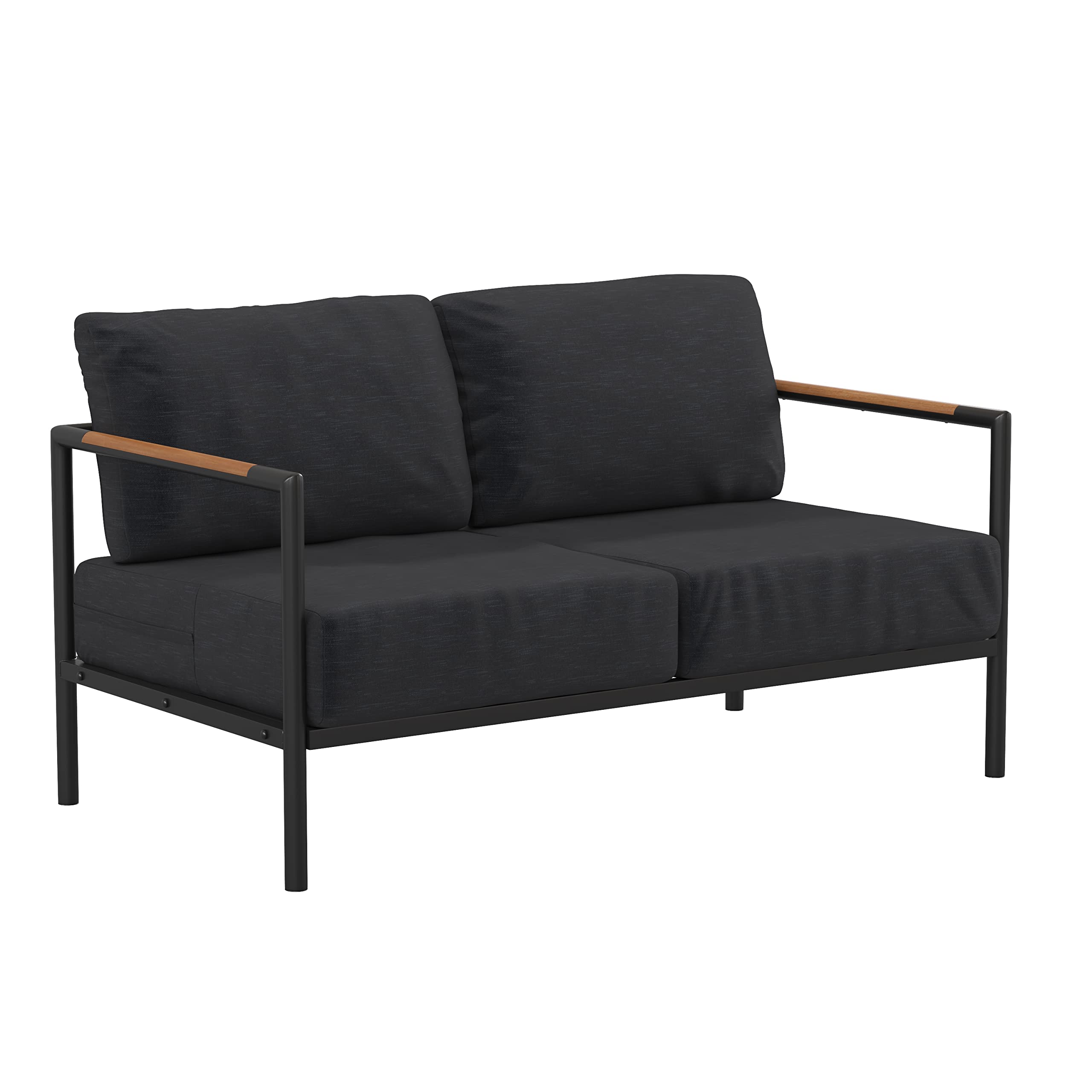 Flash Furniture Lea Indoor/Outdoor Loveseat with Cushions-Modern Aluminum Framed Loveseat with Teak Accent Arms, Black with Char