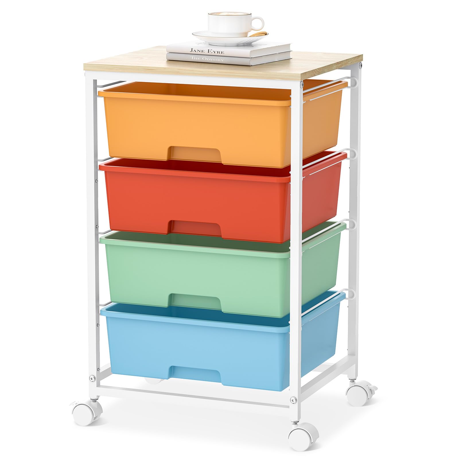Utility-Rolling-Storage-Drawer-Craft-Cart-Organizer with 4 Drawers and Wooden Tabletop & Lockable Wheels for Home Office, Bedroo