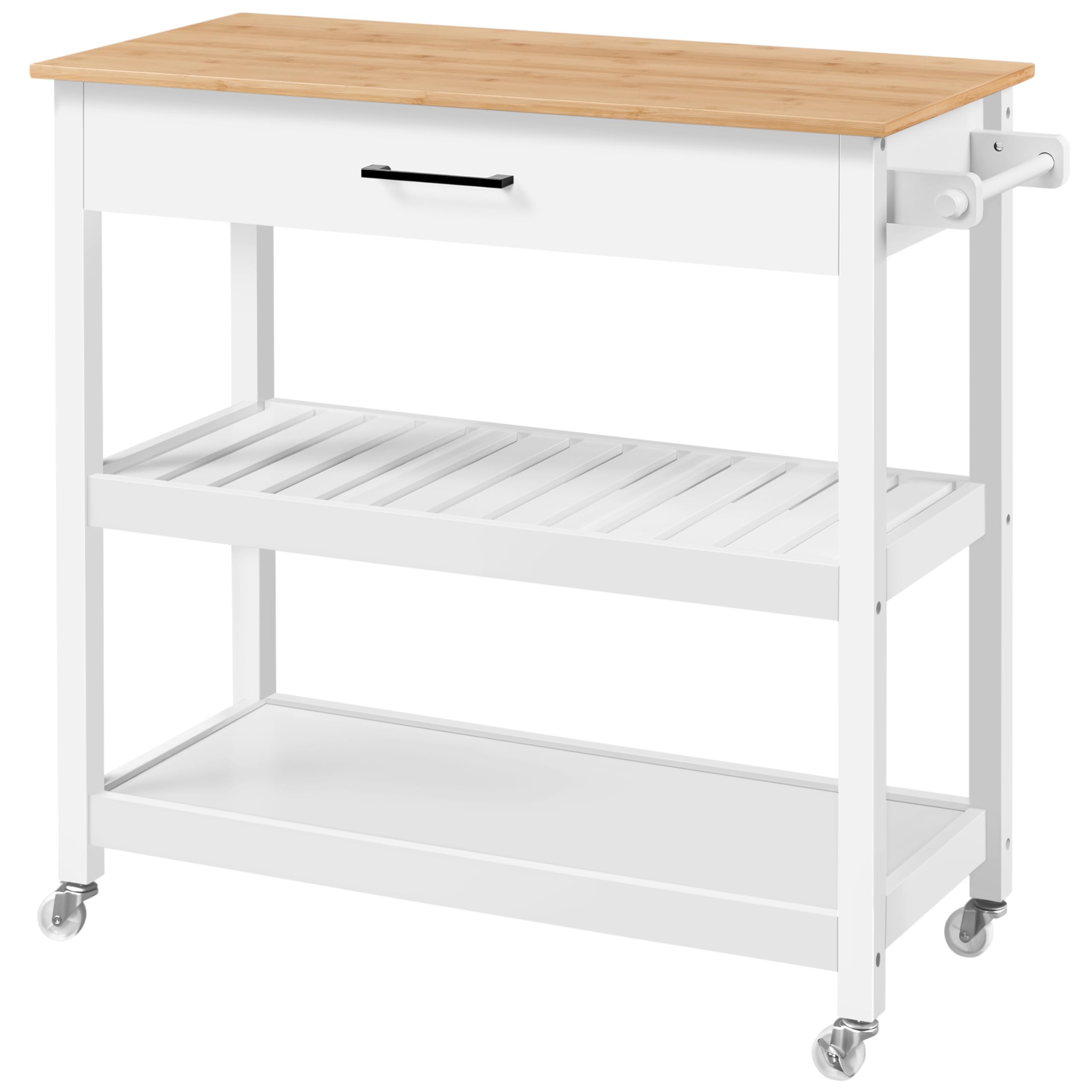 Yaheetech Kitchen Island Cart on Wheels with Bamboo Tabletop, 3-Tier Rolling Kitchen Island Microwave Cart with Drawer, Detachab