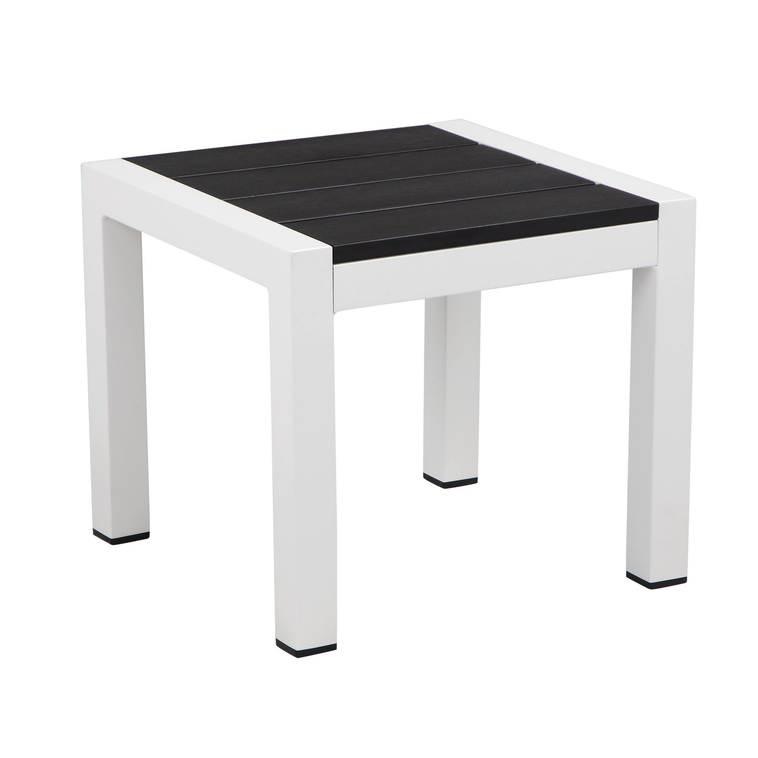 Benjara Josh 18 Inch Side End Table, Jet Polyresin Planks, Aluminum Frame, White and Black