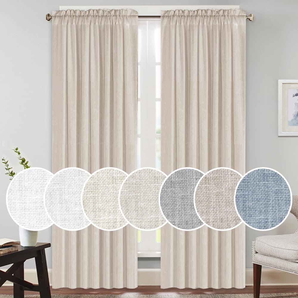 PrinceDeco Linen Curtains 84 Inches Long Soft Thick Linen Burlap Curtains for Living Room/Bedroom Country Rustic Linen Blended C