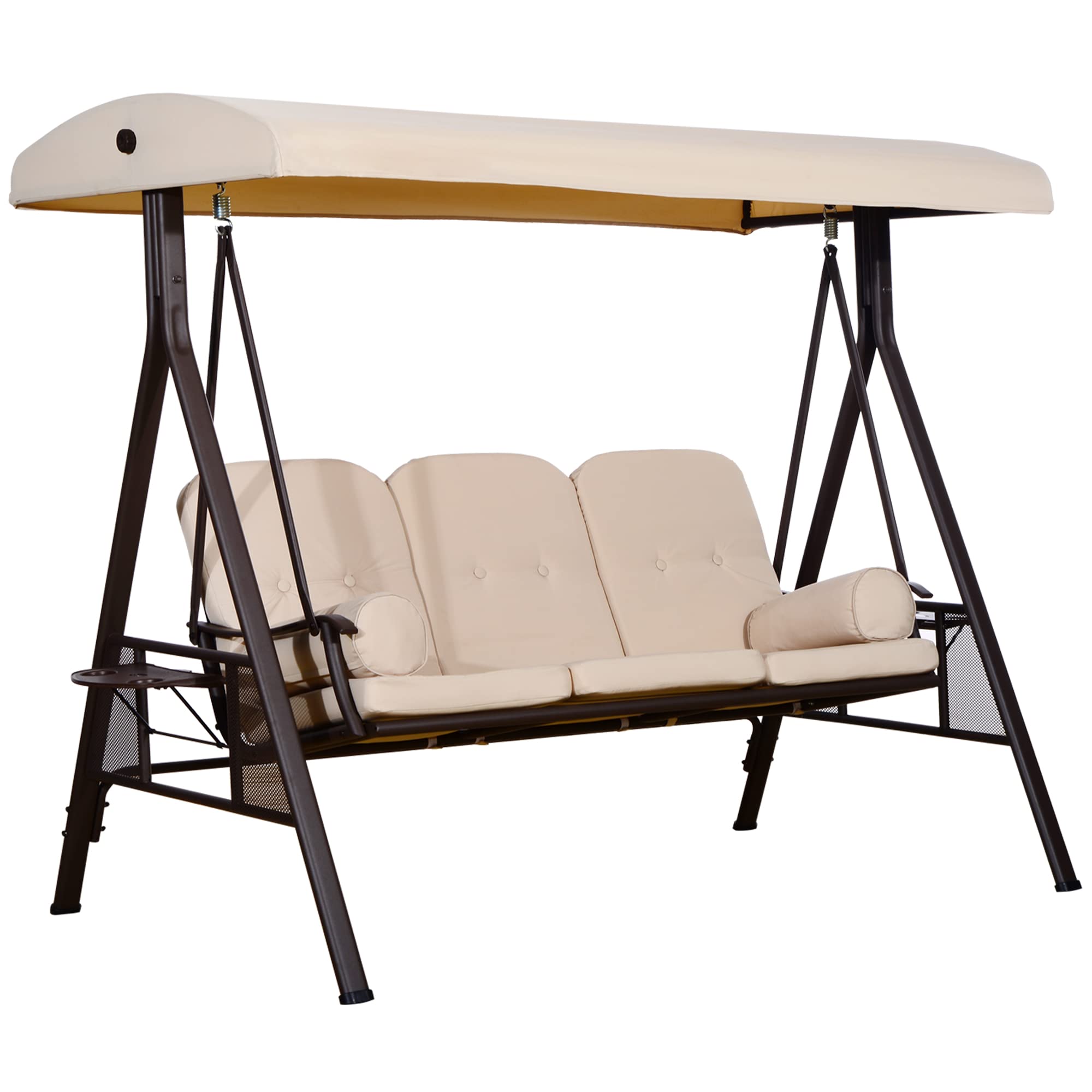 Outsunny 3-Seat Patio Swing Chair, Outdoor Porch Swing Glider with Adjustable Canopy, Removable Cushion, Pillows and Side Trays,
