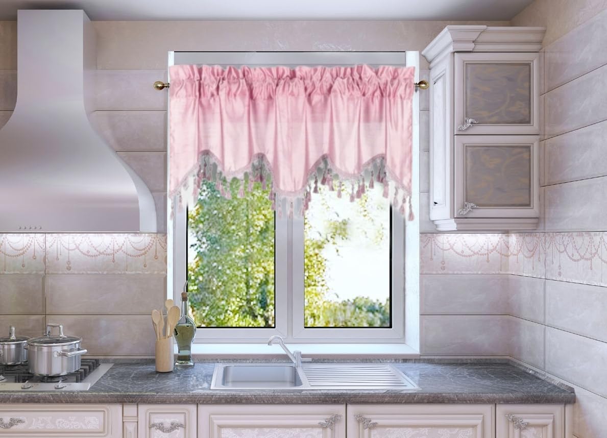 Solid Faux Silk Swag Waterfall Cascade Ascot Window Curtain Valance w/Tassels Trim 55  x18  Wave (1, Pink)