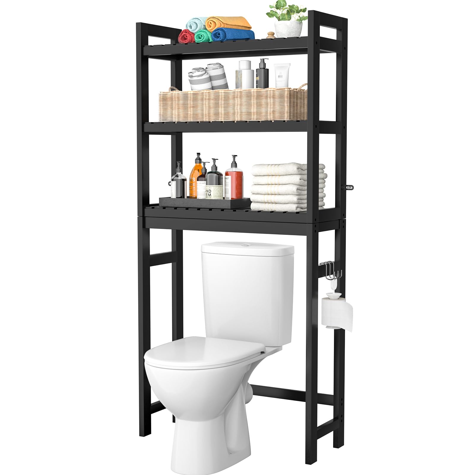 Homykic Bamboo Over The Toilet Storage Shelf, 3-Tier Above Toilet Storage Organizer Rack with 3 Hooks, Freestanding Bathroom Tow