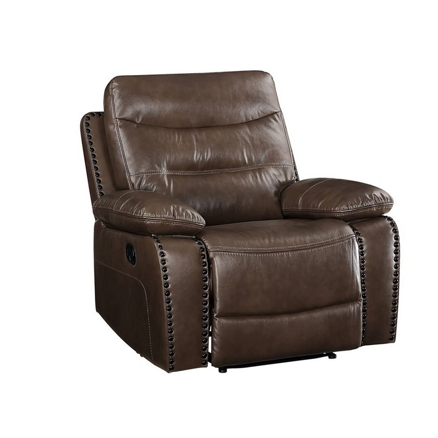 Benjara Leatherette Power Recliner with Nailhead Trim Accent, Brown