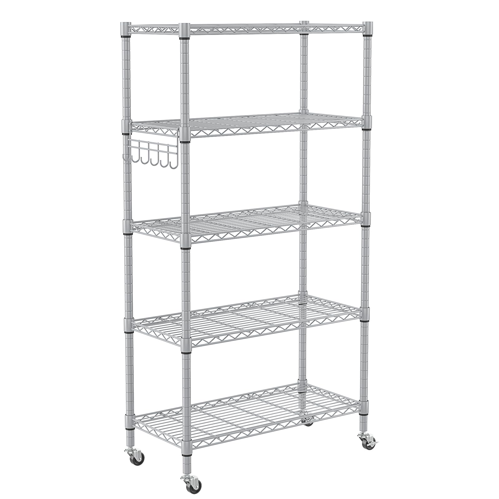 Homdox 5 Tier Adjustable Rolling Storage Shelves, Heavy Duty Wire Storage Racks and Shelving, Metal Shelves for Storage with Sid